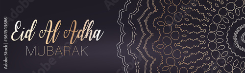 Eid Al Adha Mubarak banner or header. Muslim holiday of sacrifice. Islam religious celebration. Arabic design concept. Black background with golden ornament. Vector illustration.