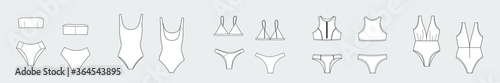 Female swimsuit .Set of female vector template isolated on a grey background. Front and back view. Outline fashion technical sketch of clothes model.