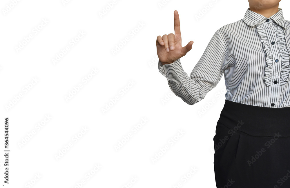 Business woman hand pointing on white background. Business woman hand pointing on white background.