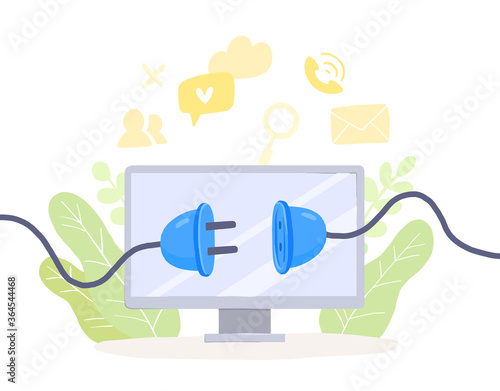 Digital detox, monitor screen with unplagged socket. Freedom from smartphones, social media and internet. Disconnect offline devices
