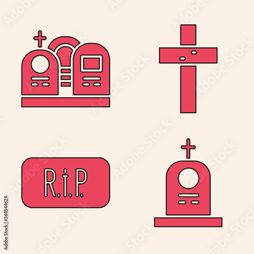 Set Grave with tombstone, Grave with tombstone, Christian cross and Speech bubble rip death icon. Vector.