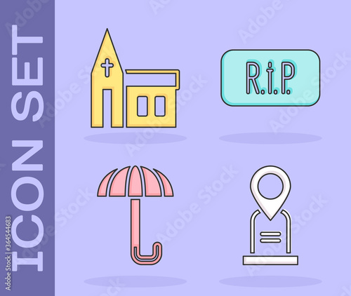 Set Location grave, Church building, Umbrella and Speech bubble rip death icon. Vector.