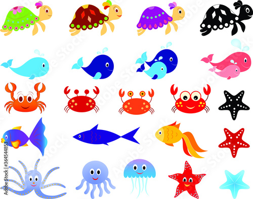 Isolated Sea Animals Vectors, Fish and Turtle Illustrations 