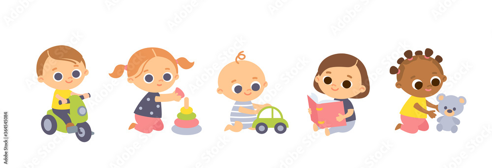Set of baby toddlers in various poses, different nationalities, cartoon characters. Babies playing with toys. Set of baby toddlers in various poses, different nationalities, cartoon characters. Babies playing with toys.