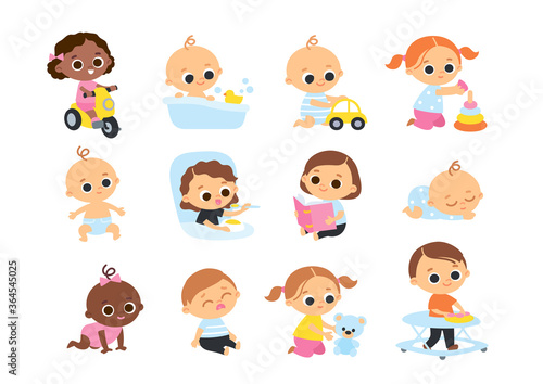 Big set of baby toddlers in various poses, different nationalities, cartoon characters. Babies playing with toys.