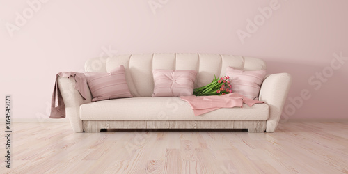 White sofa  interior design of modern living room with sofa  pink wall 3d rendering