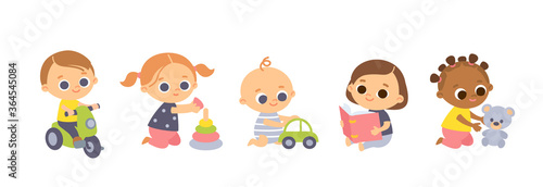 Set of baby toddlers in various poses, different nationalities, cartoon characters. Babies playing with toys.
