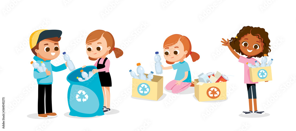 Set of children doing waste sorting. Environmental protection. Eco friendly. Children sorting waste. Set of children doing waste sorting. Environmental protection. Eco friendly. Children sorting waste.