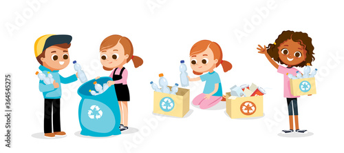 Set of children doing waste sorting. Environmental protection. Eco friendly. Children sorting waste.