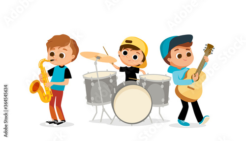 Child music band. Children playing music. Cartoon kids playing musical instruments and singing.