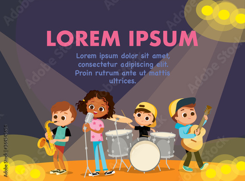 Kids playing music flyer. School band performs on stage. Child music band.