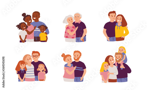 Big family portrait with siblings. Flat design. Multicultural set of people.