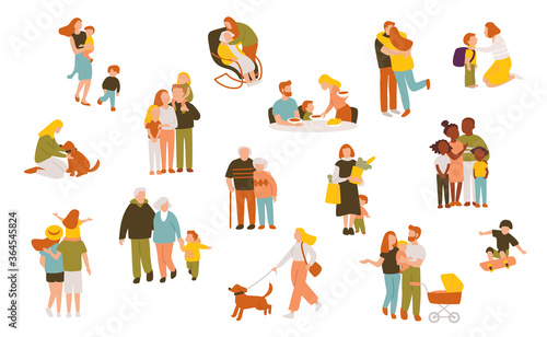 Big set of people figures, characters in different poses in different situations. Family set. Crowd of tiny people. Minimal people character vector illustration flat design © olgache