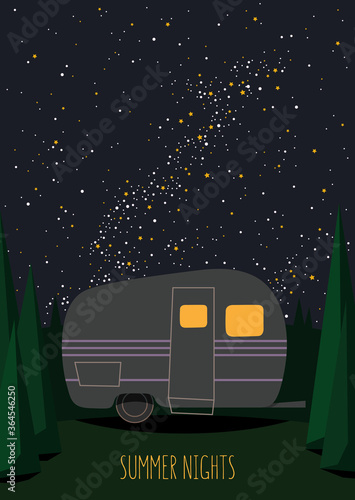 Card with camping trailer under the night sky