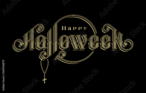 Halloween vintage font. Emblem in the old style on a dark background. Vector illustration.