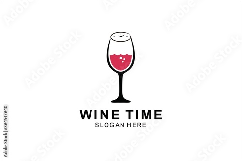 Wine glass logo. Wine time concept with clock on black background