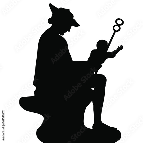 Silhouette of seated ancient Greek god Hermes holding infant Dionysus. 