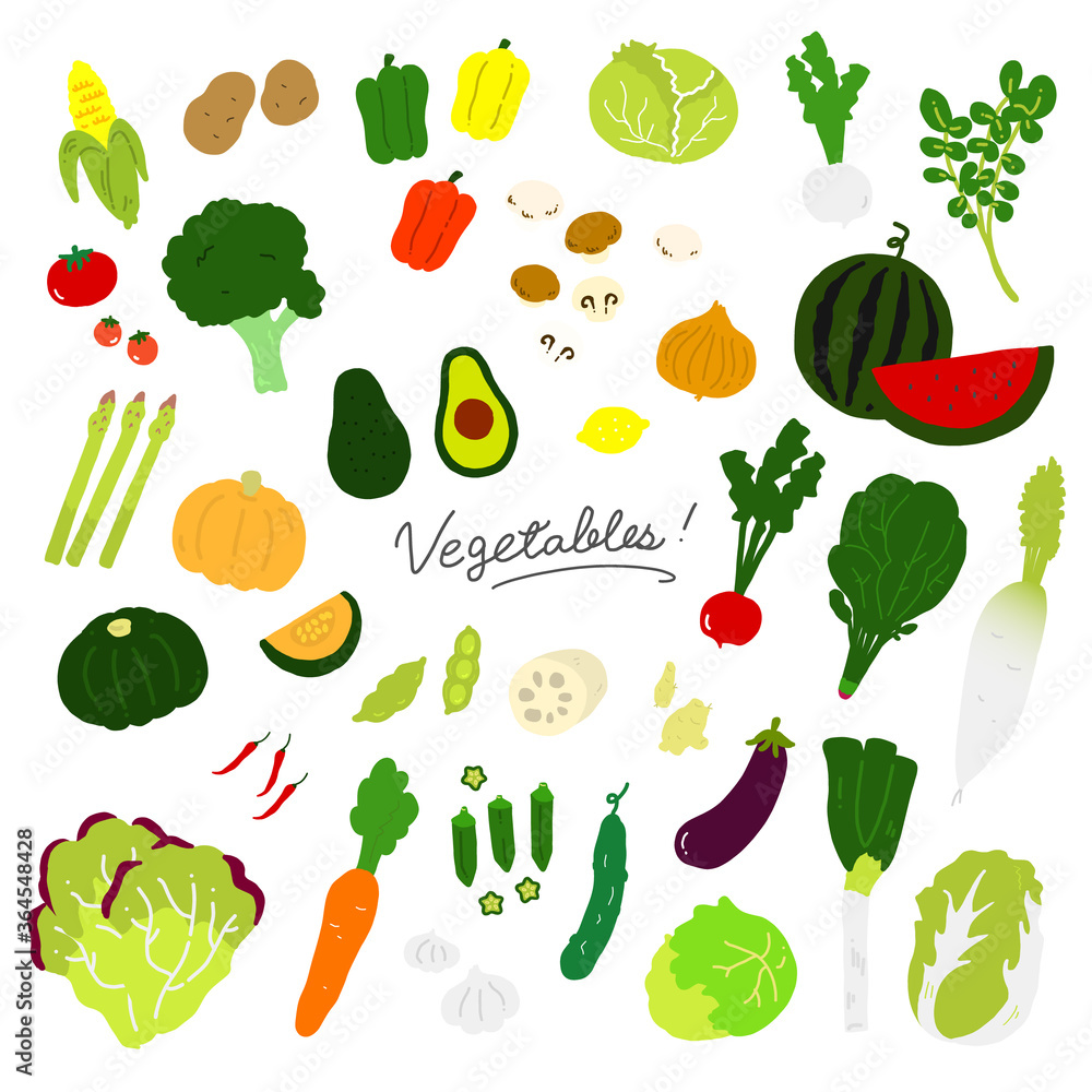 Fototapeta premium いろんな野菜の手描きイラストアイコン【白背景】vegetables icon