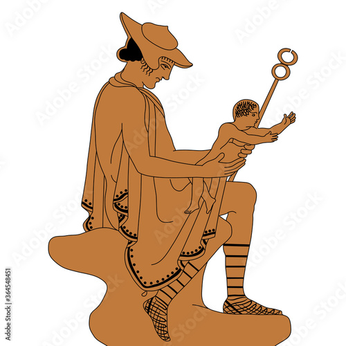 Seated ancient Greek god Hermes holding infant Dionysus. Vase painting style.