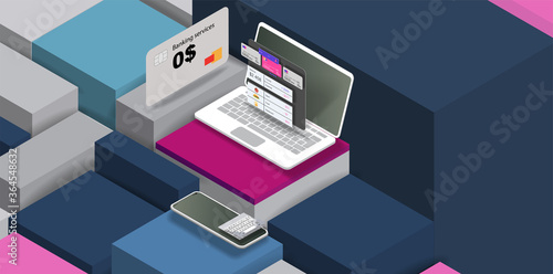 A laptop with a banking site on the screen in isometry and a plastic card with free service
