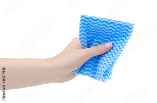 Blue cleaning rag in hand on white background isolation