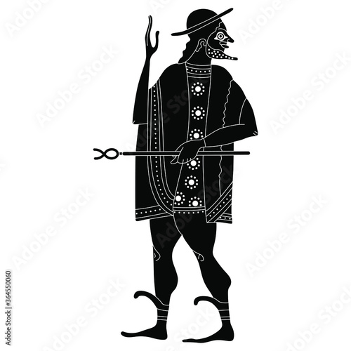 Standing ancient Greek god Hermes holding caduceus. Black and white silhouette.