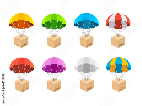 Cartoon Color Different Parachute with Box Icons Set. Vector © mouse_md
