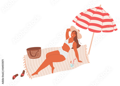 Beautiful smiling tanned girl lie on litter under striped umbrella. Summer time vector illustration. Beach concept design with cocktail, flip-flops, bag. Isolated on white background