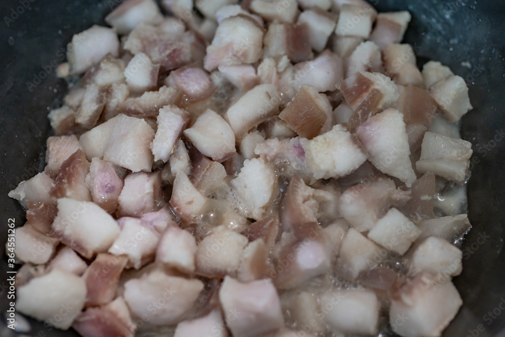 Homemade Crackling and lard (Pork oil) are fried in hot pan. It made from scrap of pork in small piece. Organic fat food. Homemade Crackling and lard (Pork oil) are fried in hot pan. It made from scrap of pork in small piece. Organic fat food.