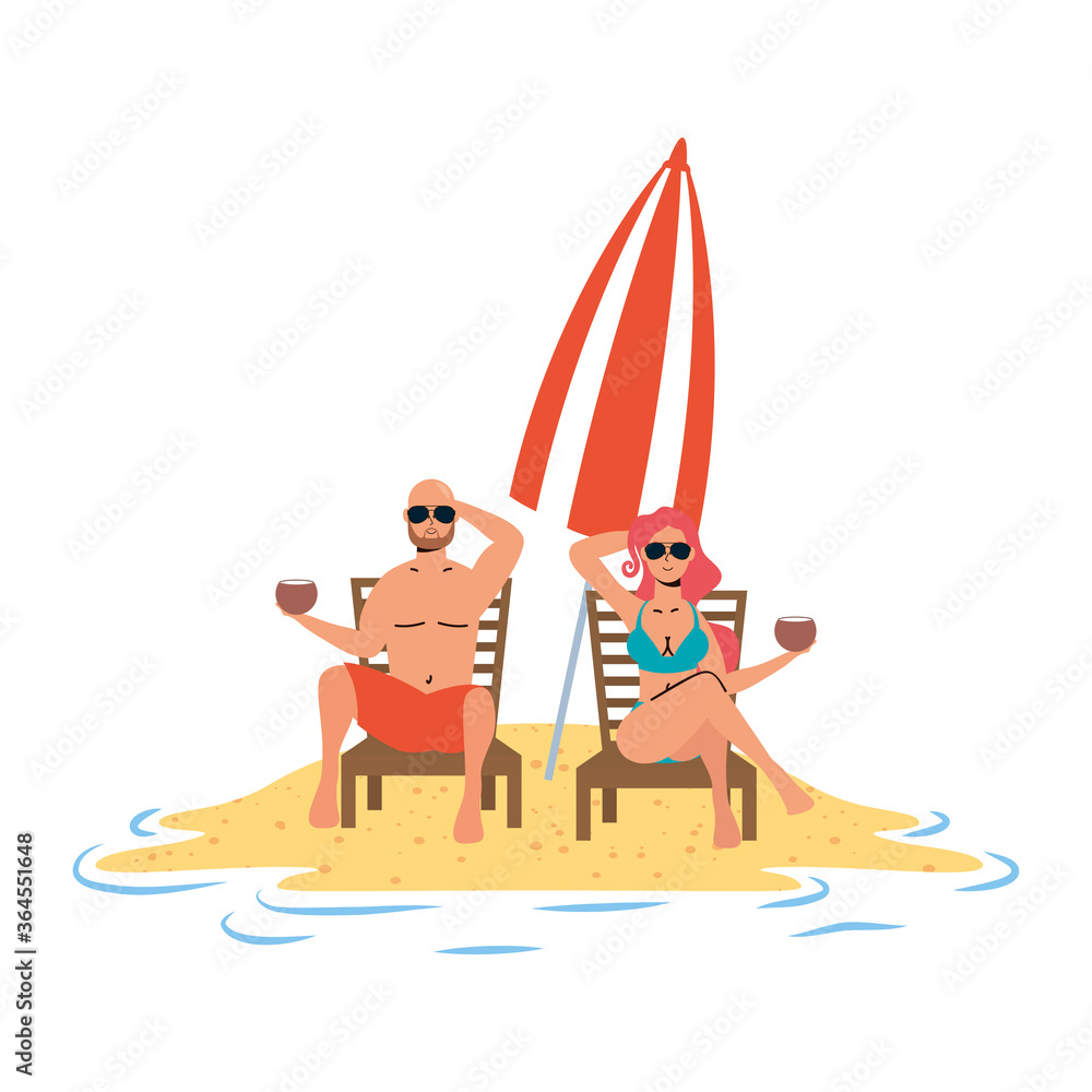 young couple relaxing on the beach seated in chairs and umbrella