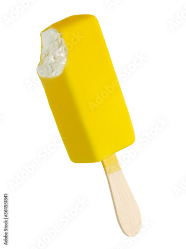 Bitten yellow ice cream bar on a stick isolated on white photo