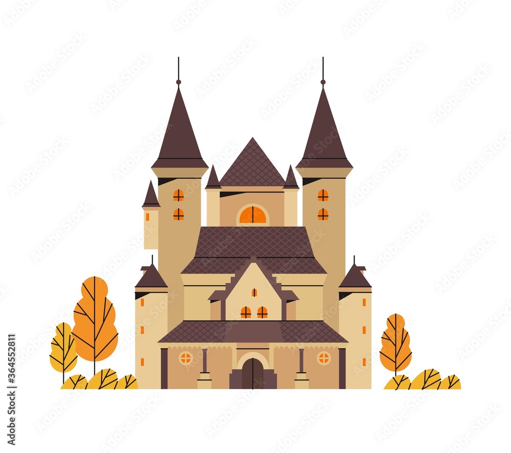 Vector illustration on a haunted castle in a gothic architecture style in autumn isolated on a white background. Logo, emblem or print in a trendy flat with outline style. Medieval castle drawing.
