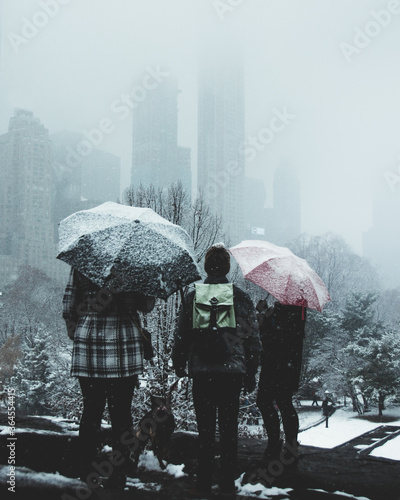 Back view of unrecognizable friends standing under umbrellas in street on winter day during snowfall and admiring cityscape with skylines photo