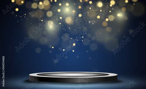 Round podium, pedestal or platform, illuminated by spotlights in the background. Vector illustration. Bright light. Light from above. Advertising place