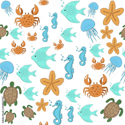 Seamless pattern of the marine theme- Crabs Fishes Seahorse Turtles Starfishes Jellyfishes on white background Hand drawn Perfect for wallpapers  web page backgrounds  surface textures  fabric  paper.