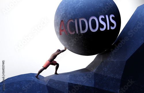 Acidosis as a problem that makes life harder - symbolized by a person pushing weight with word Acidosis to show that Acidosis can be a burden that is hard to carry, 3d illustration photo