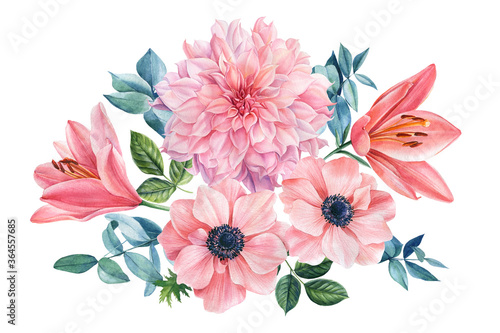 Canvas Print Bouquet of flowers delicate flowers anemones, roses, dahlia, lilies, eucalyptus on a white background