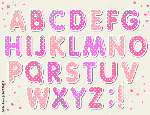 Polka dots 3D english alphabet letters set. LOL girly doll, Happy birthday banner, surprise style design. Vector