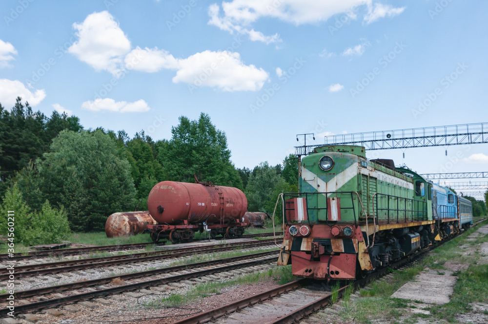 Naklejka premium Abandoned train station in Prypiat, Chernobyl exclusion Zone. Chernobyl Nuclear Power Plant Zone of Alienation in Ukraine
