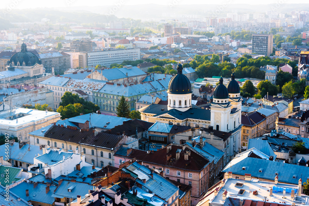 View of the Catholic Cathedral from the city hall of the city of Lviv, Ukraine