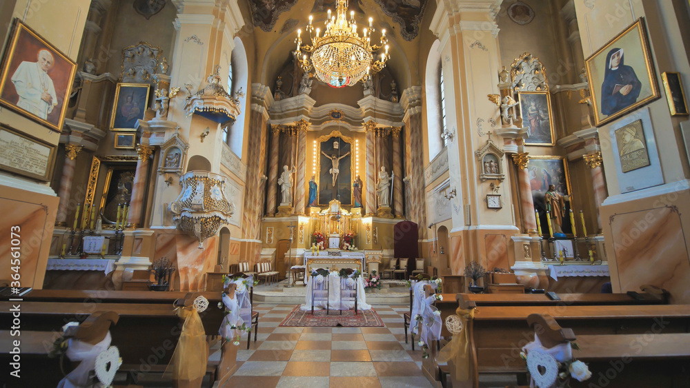 The interior of the catholic church. Video on the move.