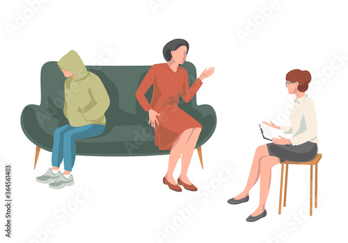 Family psychotherapy collection. Women and teenager boy sitting on sofa and talking to psychotherapist or psychologist.