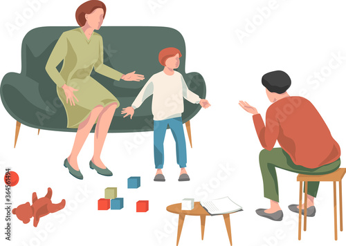 Family psychotherapy collection.Women and child sitting on sofa and talking to psychotherapist or psychologist.

