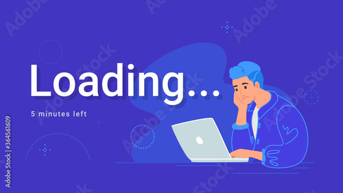 Upset and bored teenager sitting with laptop and waiting. Flat vector illustration of tired student wasting time while he waiting data loading or long buferization. Young man sleeping at his desk