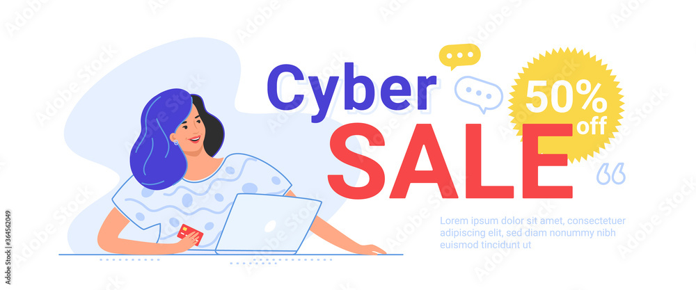 Cyber sale up to 50 off for online shopping. Flat line vector illustration of cute woman sitting alone with laptop and holding a credit card in her hand. Creative banner for sale on white background Cyber sale up to 50 off for online shopping. Flat line vector illustration of cute woman sitting alone with laptop and holding a credit card in her hand. Creative banner for sale on white background