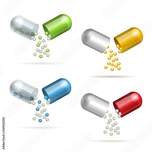 Set of opening pills. Small balls pouring from an open medical capsules.