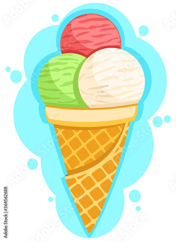 Ice cream in a waffle cone on a white background.