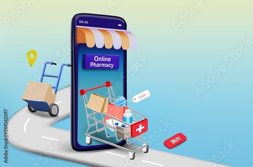 Medicine with box and medical mask on the shopping cart for online pharmacy