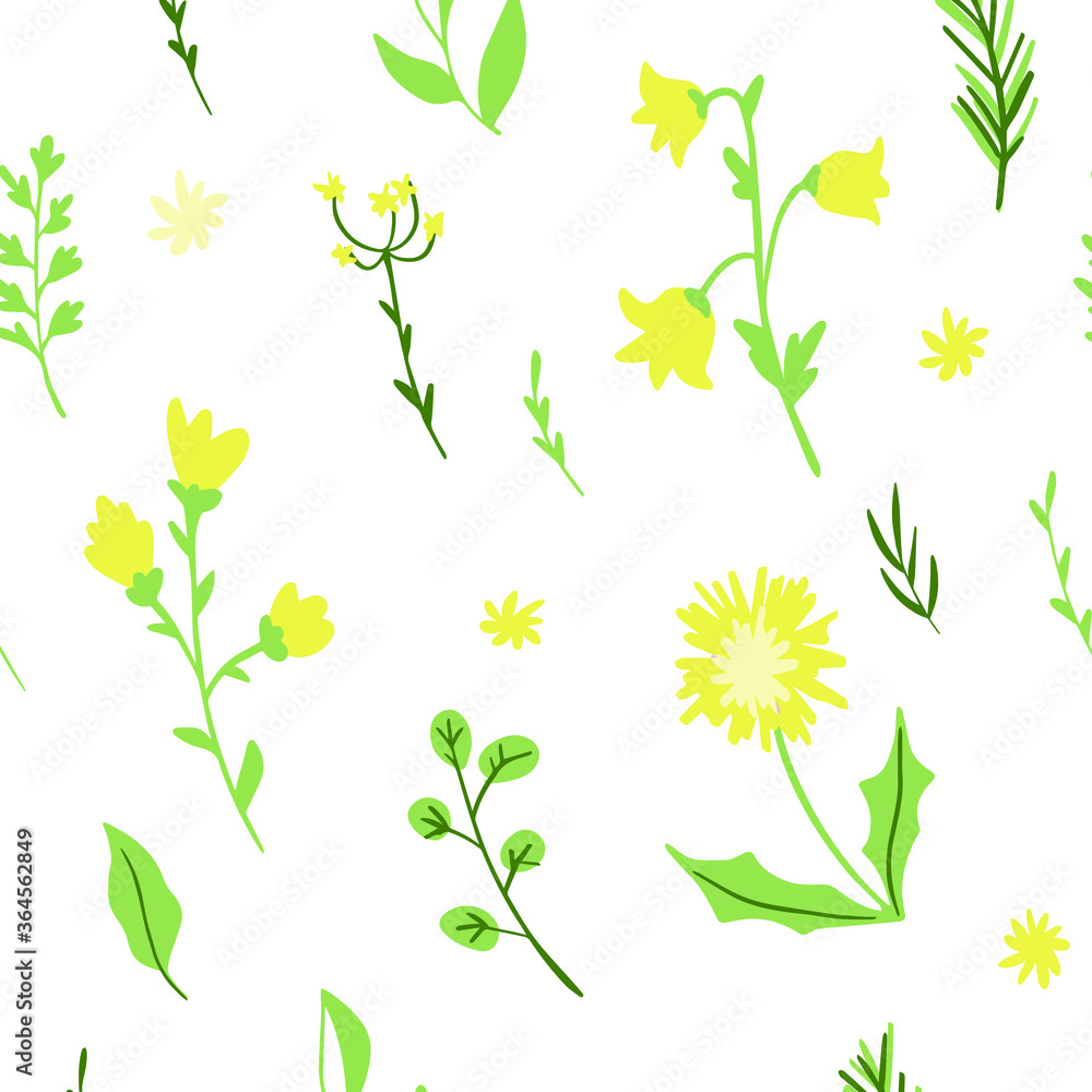 Yellow fwild flowers and green leaves seamless pattern. Tropical background. vector illustration