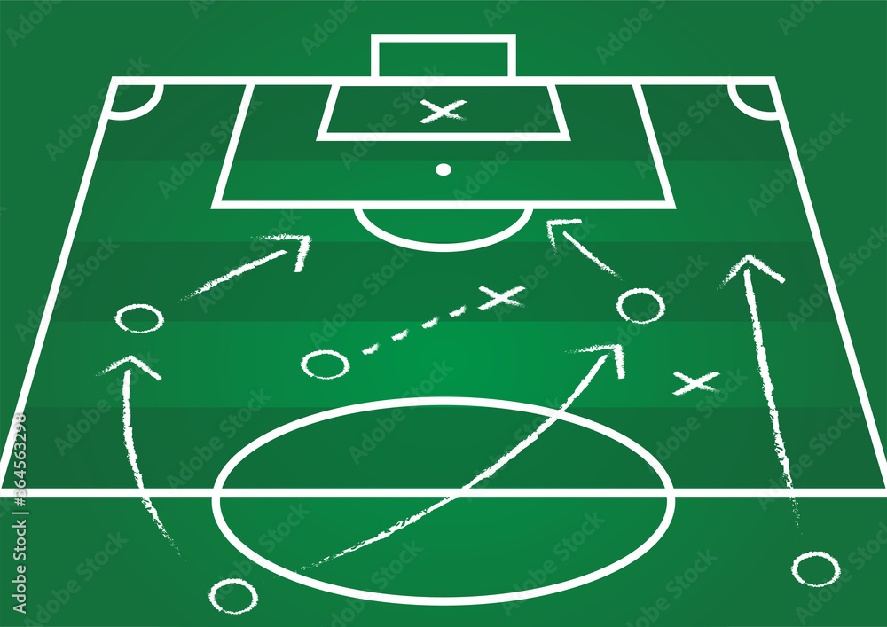 Background of soccer team formation and tactic drawing on the green football board